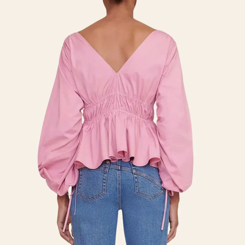 STAUD M Shelby Top Pink | Feminine Peplum, Bows Balloon Puff Cottage Blouse $275